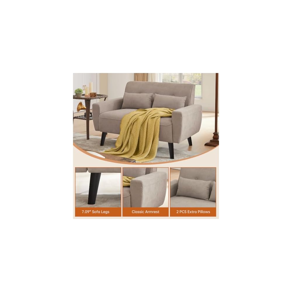 Small Loveseat Sofa, 48" Mid Century Love Seat Couch, Modern 2 Seat Tufted Couches with Throw Pillows for Living Room, Apartment, Bedroom, Beige