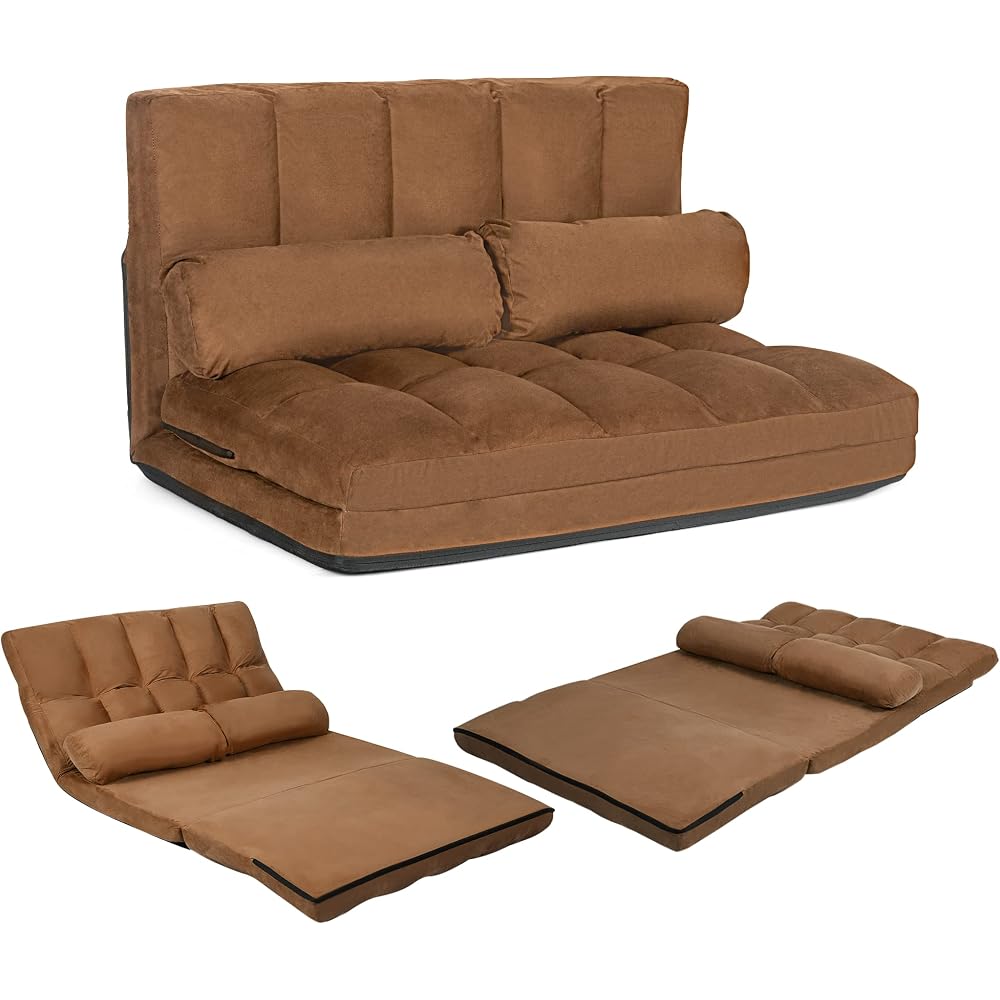 KOMFOTT Adjustable Floor Sofa Bed, Foldable Lazy Sofa Sleeper Bed with 6 Position Backrest & 2 Pillows, Convertible Futon Couch Bed with Suede Cloth Cover, Lounge Recliner for Living Room (Coffee)