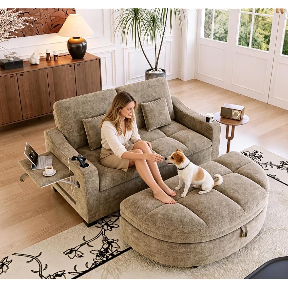 KEIKI 60" Convertible Sofa Bed, Chenille Loveseat with Storage Ottoman