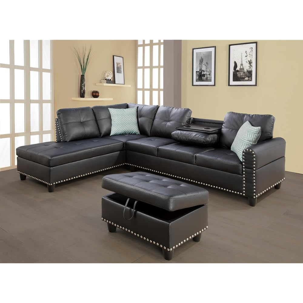 Faux Leather Sectional Sofa with Ottoman and 2 toss Pillows,3-Piece Couch Chaise W/Rounded Arms & Manufactured Wood,for Apartment,Black