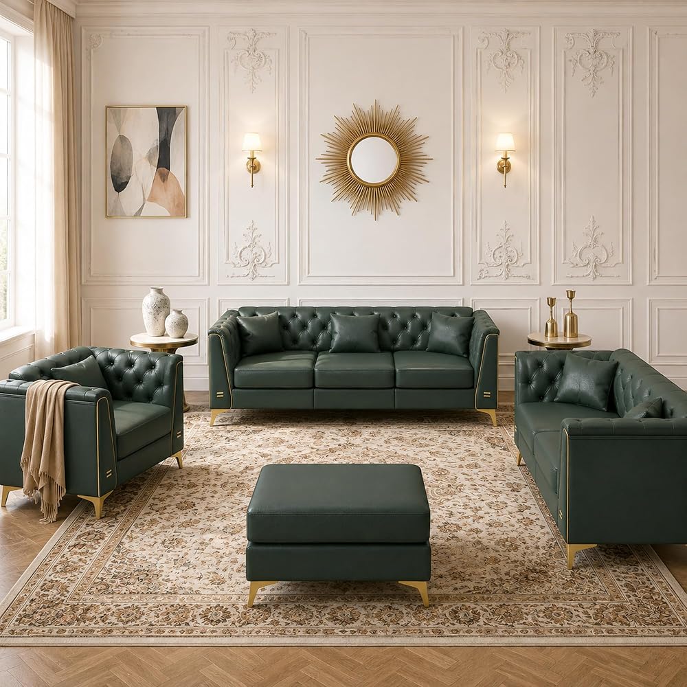 4-Piece Chesterfield Sectional Faux Leather Frame Sofa Set (Green)