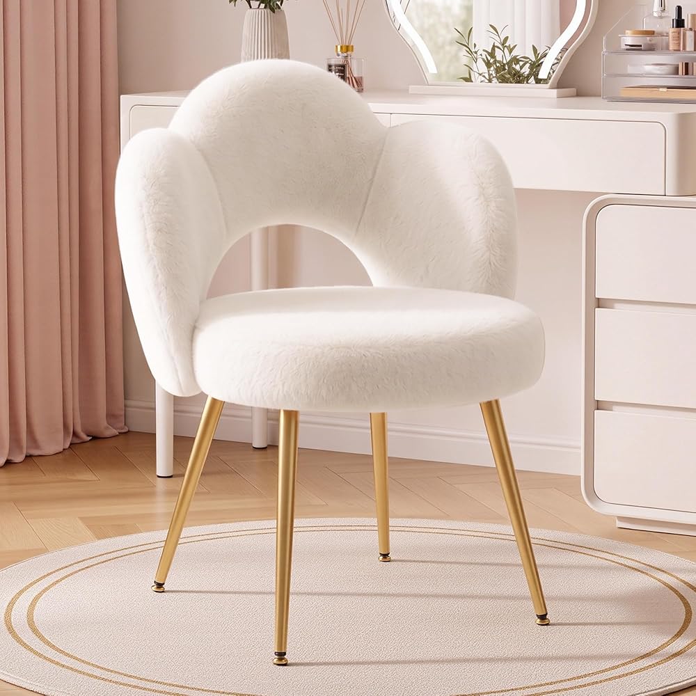 Vanity Chair with Gold Legs, Fluffy Makeup Chair for Bedroom, White