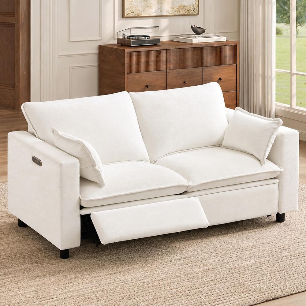 GUEAPY Power Reclining Sofa Loveseat Cloud Couch-Oversized Cream Reclining Sectional Couches, Modern Power Recliner Sofa for Living Room, Comfortable Recliner Couches with Soft Upholstery Pillows