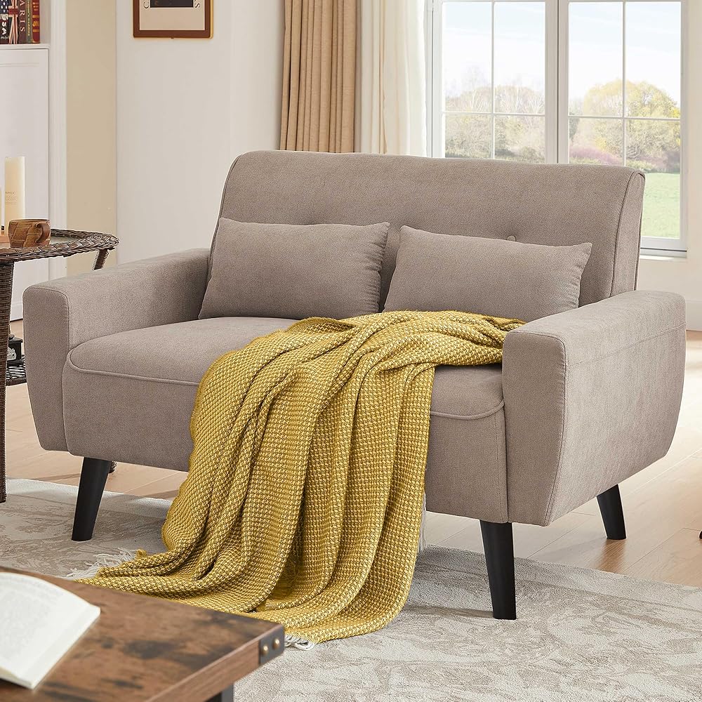 Small Loveseat Sofa, 48" Mid Century Love Seat Couch, Modern 2 Seat Tufted Couches with Throw Pillows for Living Room, Apartment, Bedroom, Beige