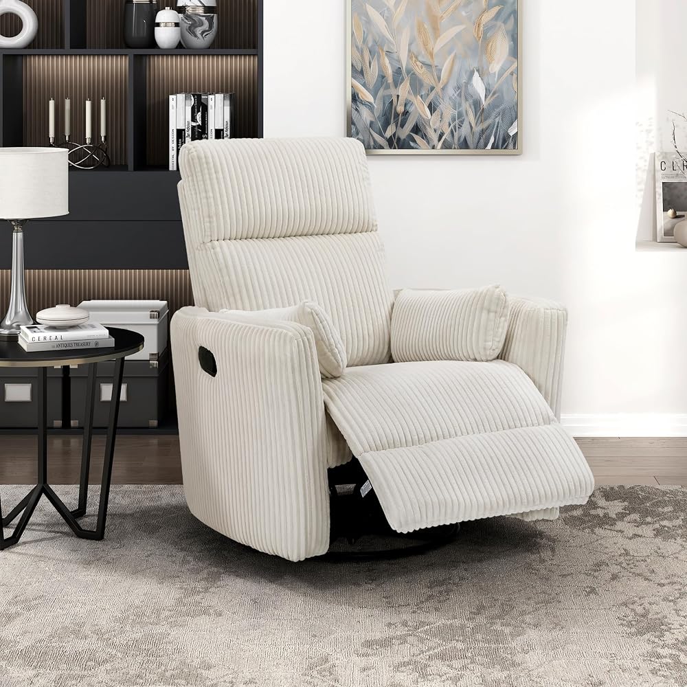 Lexicon Modern Swivel Glider Recliner Chair, Curved Arms, Beige Corduroy