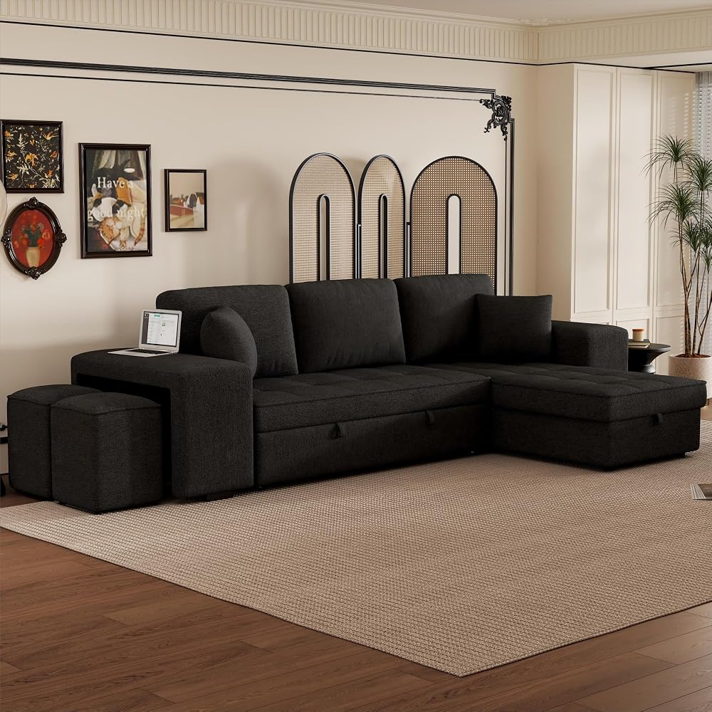 104.5 inch Reversible Sleeper Sectional Sofa with Pull Out Bed , Convertible L Shaped Sectional Couch with Storage Chaise and 2 Stools , Tufted Upholstered Pullout Sofa Bed for Living Room Apartment