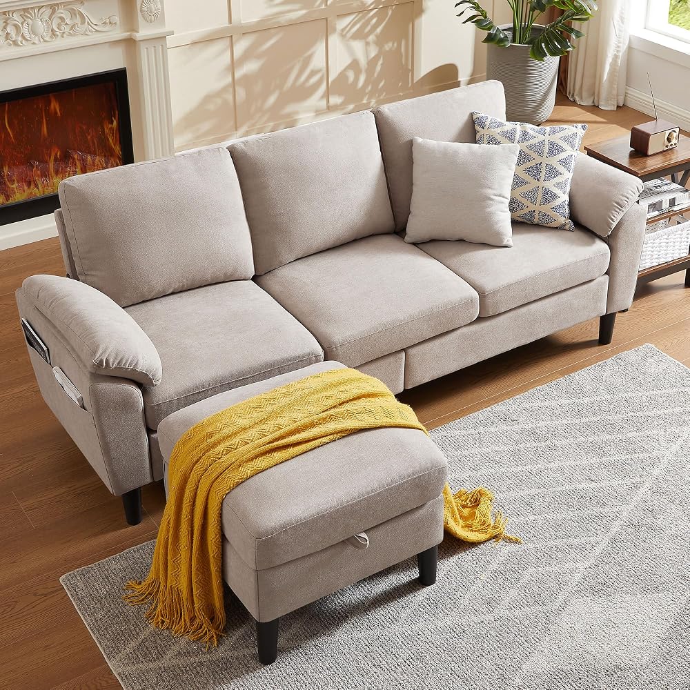 80" Convertible Sectional Sofa, Small L Shaped 3 Seat Couch with Reversible Storage Chaise, Modern Polyester Fabric Sofa Couches for Living Room, Apartment and Small Space, Beige