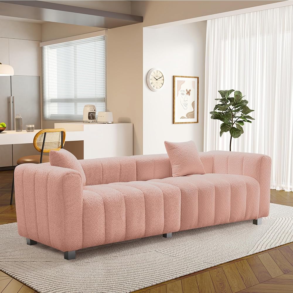 87.4'' Modern 3-Seater Sofa Bubble Couch for Living Room, Upholstered Teddy Velvet Deep Seat Sofa Couch, Fluffy Loveseat Sofa with 6 Metal Base Legs for Bedroom/Home/Office