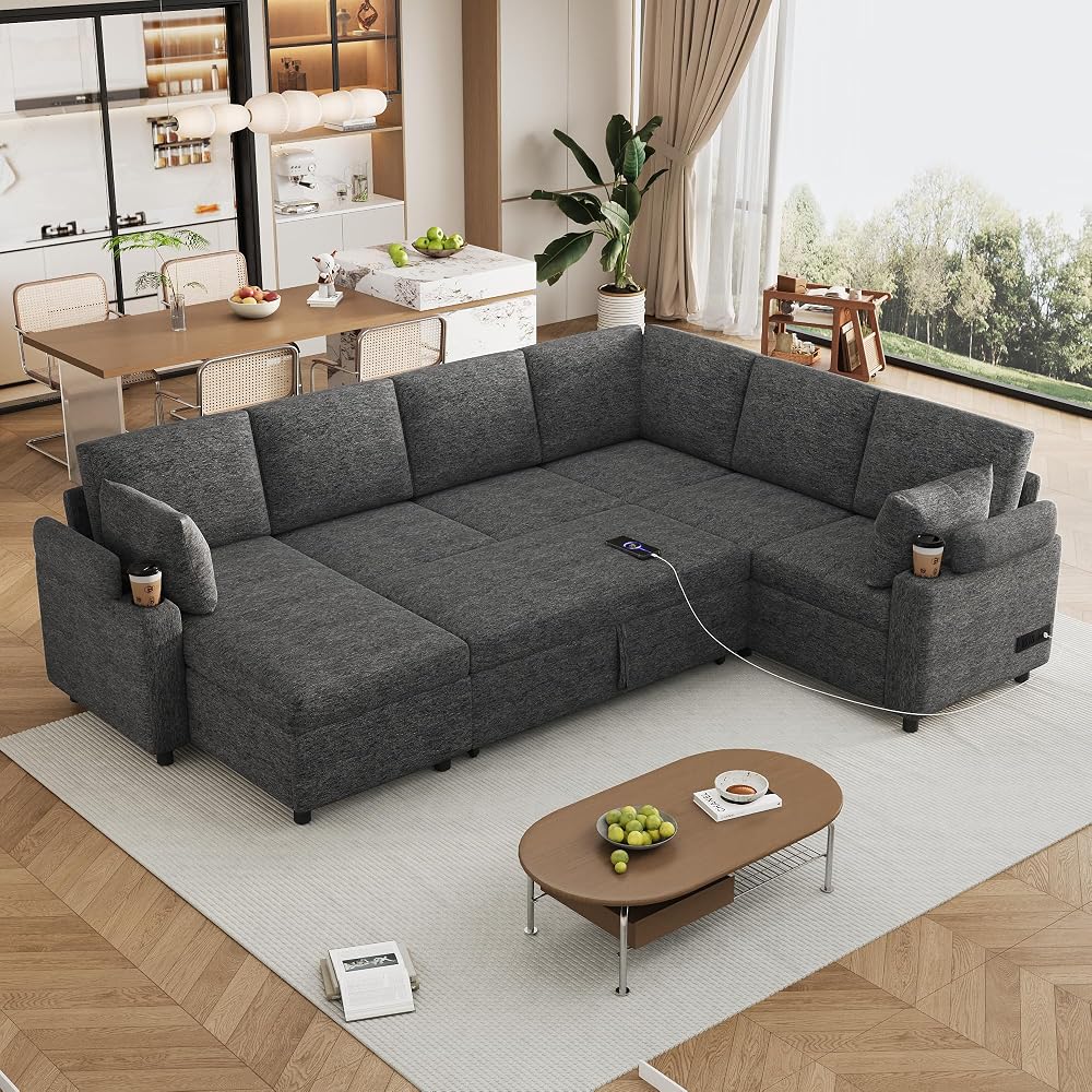 Flieks 109.9" Sectional Sofa Sleeper U-Shaped Sofa with Ample Storage Space, Two Cup Holders and Charging Ports for Living Room, Beige,Grey